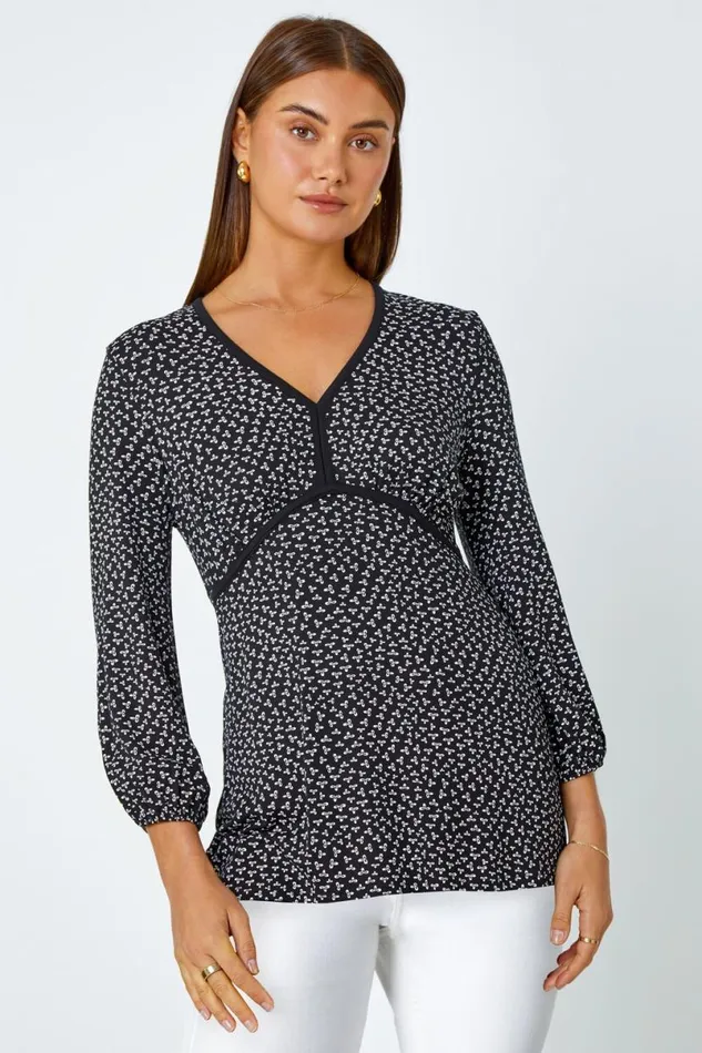 Black Ditsy Floral Stretch VNeck Top Women Roman Tops