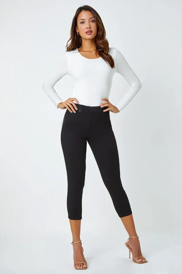 Black Elastic Waist Cropped Denim Jegging Women Roman Coords