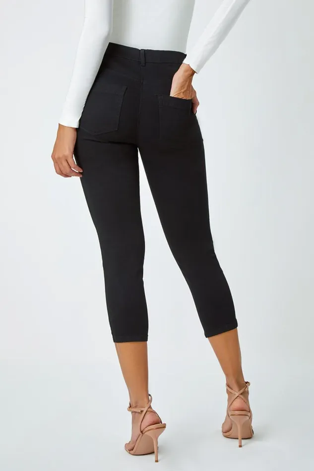 Black Elastic Waist Cropped Denim Jegging Women Roman Coords