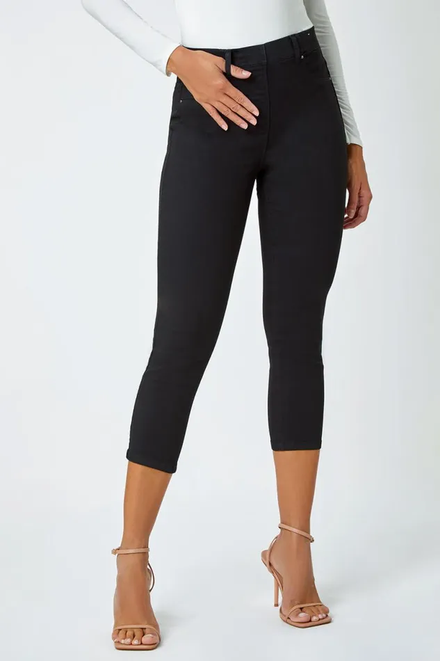 Black Elastic Waist Cropped Denim Jegging Women Roman Coords