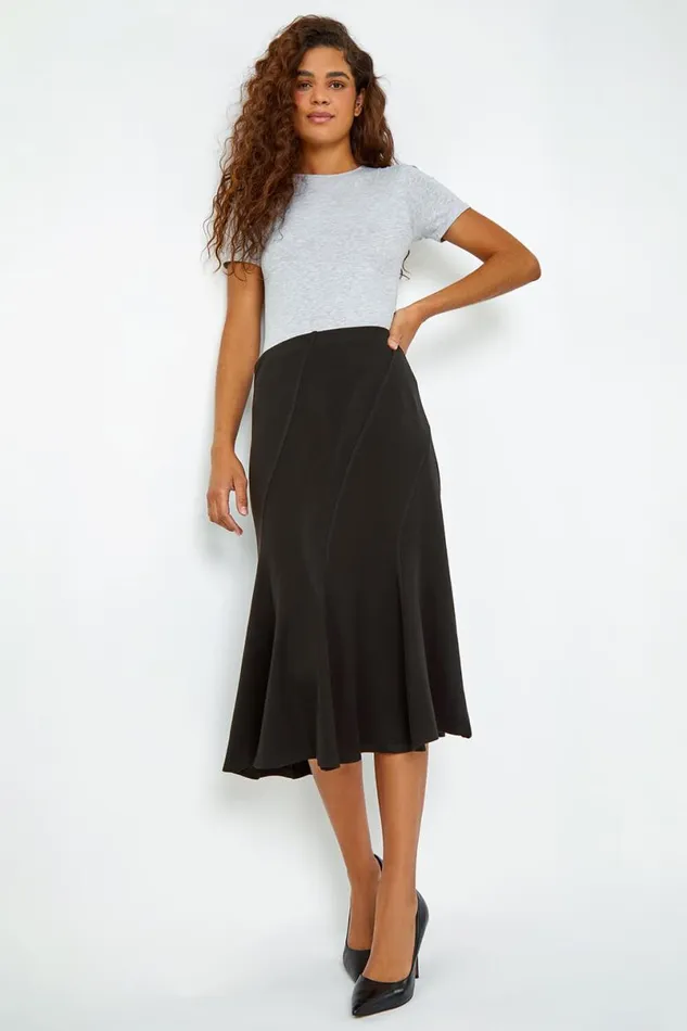 Black Elastic Waist Panelled A Line Flared Midi Skirt Women Roman Skirts