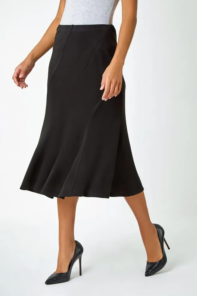 Black Elastic Waist Panelled A Line Flared Midi Skirt Women Roman Skirts