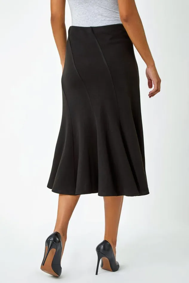 Black Elastic Waist Panelled A Line Flared Midi Skirt Women Roman Skirts