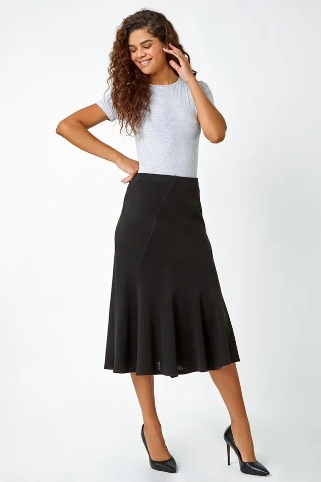 Black Elastic Waist Panelled A Line Flared Midi Skirt Women Roman Skirts