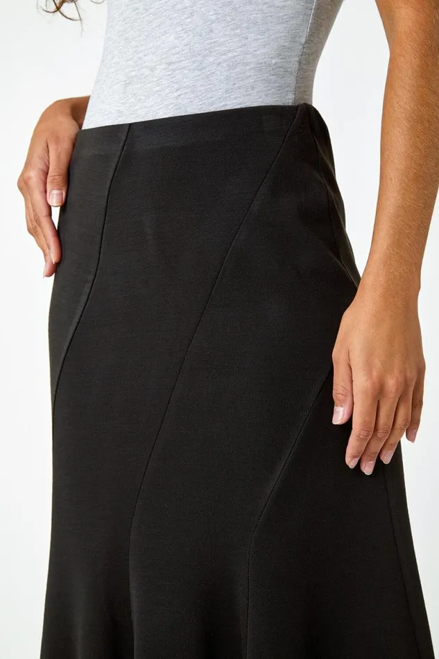 Black Elastic Waist Panelled A Line Flared Midi Skirt Women Roman Skirts