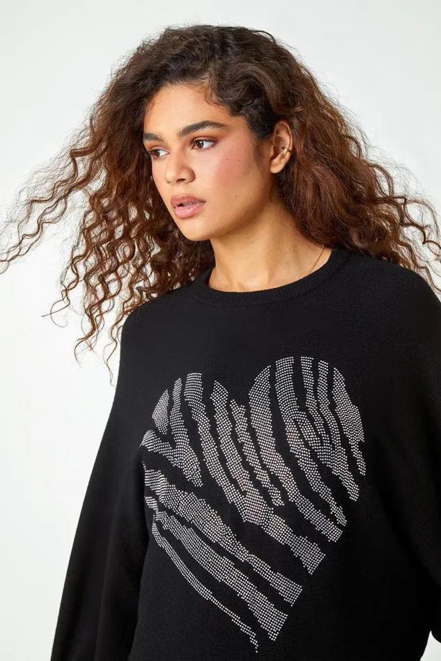 Black Embellished Heart Print Jumper Women Roman Knitwear