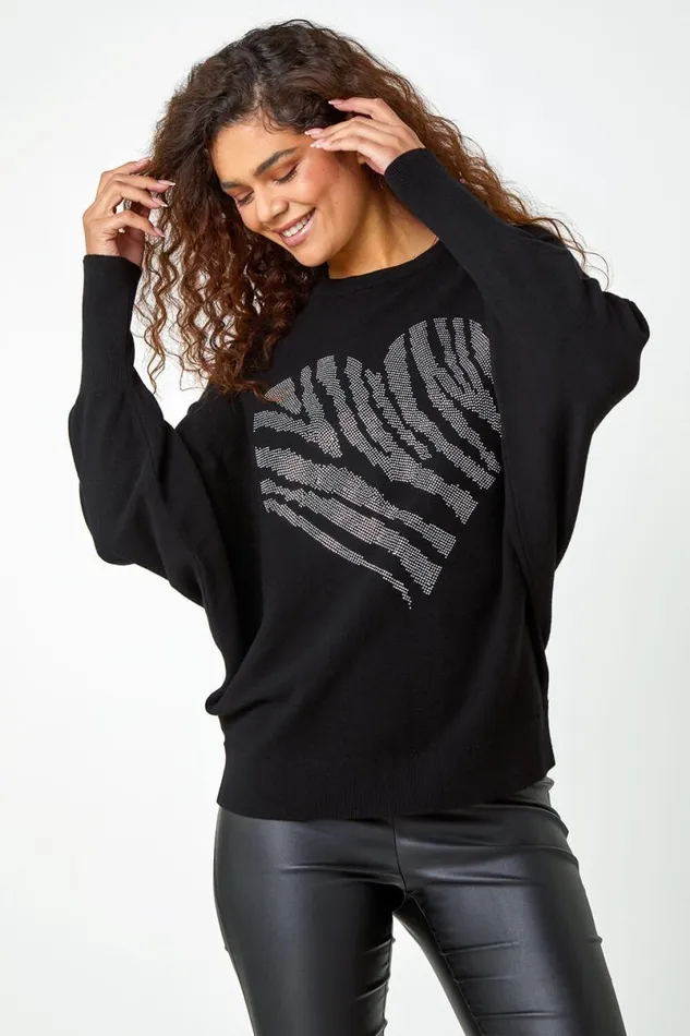 Black Embellished Heart Print Jumper Women Roman Knitwear