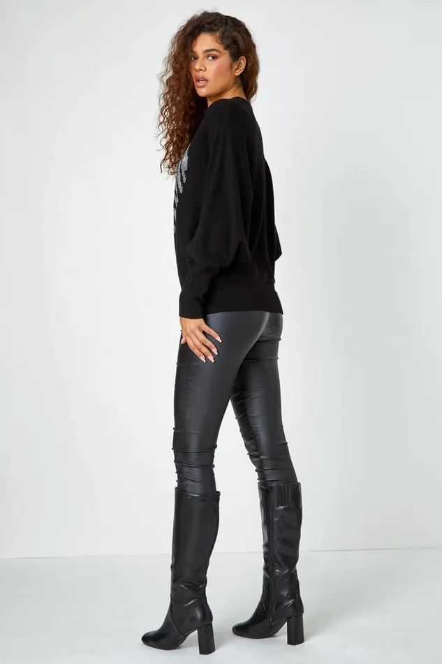 Black Embellished Heart Print Jumper Women Roman Knitwear
