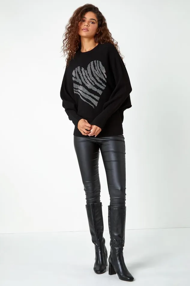 Black Embellished Heart Print Jumper Women Roman Knitwear