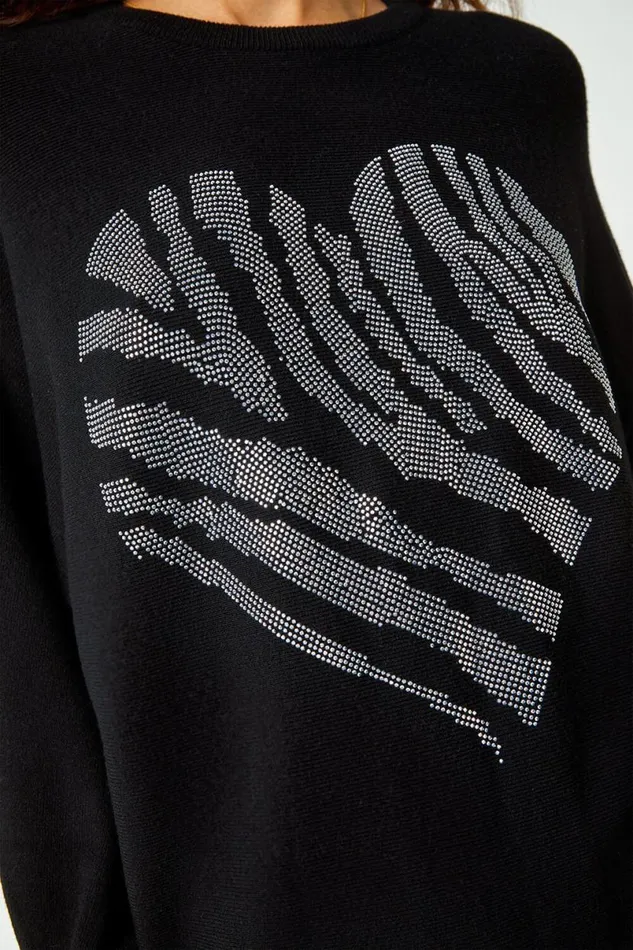 Black Embellished Heart Print Jumper Women Roman Knitwear