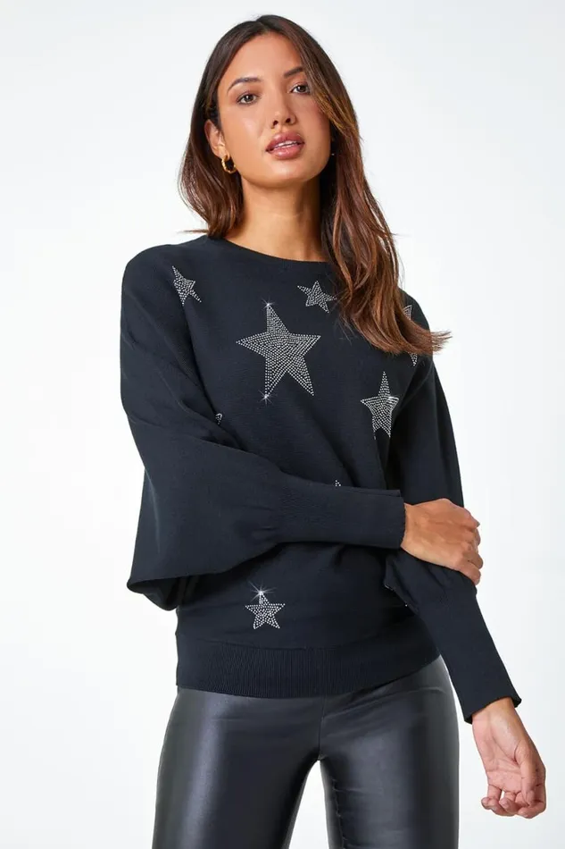 Black Embellished Star Print Jumper Women Roman Knitwear