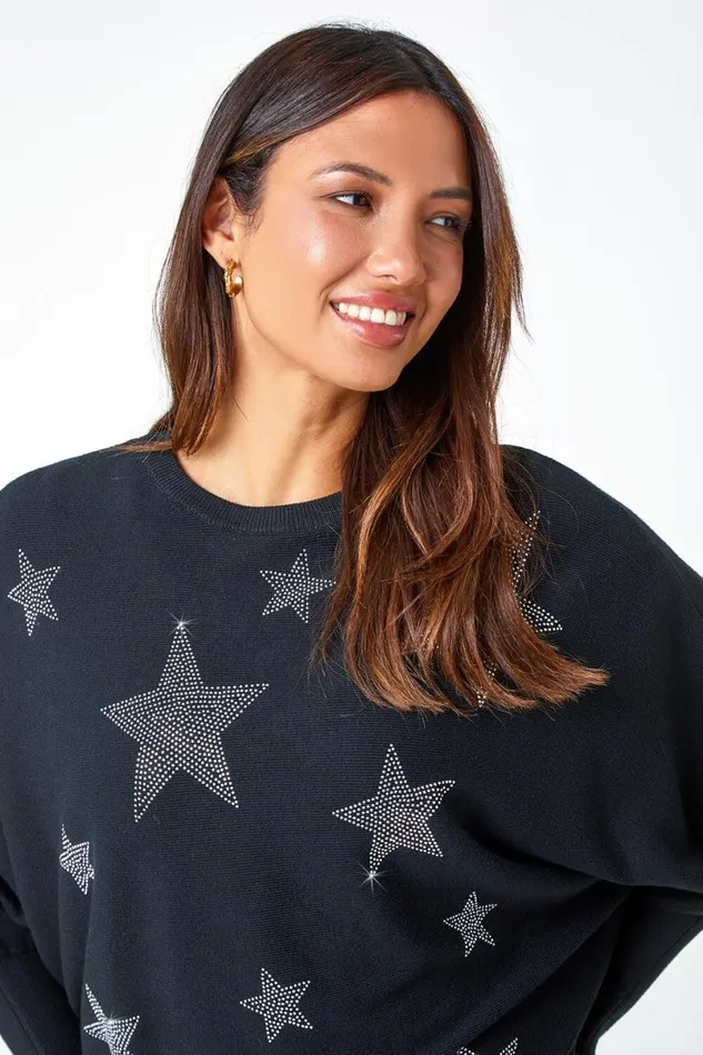 Black Embellished Star Print Jumper Women Roman Knitwear