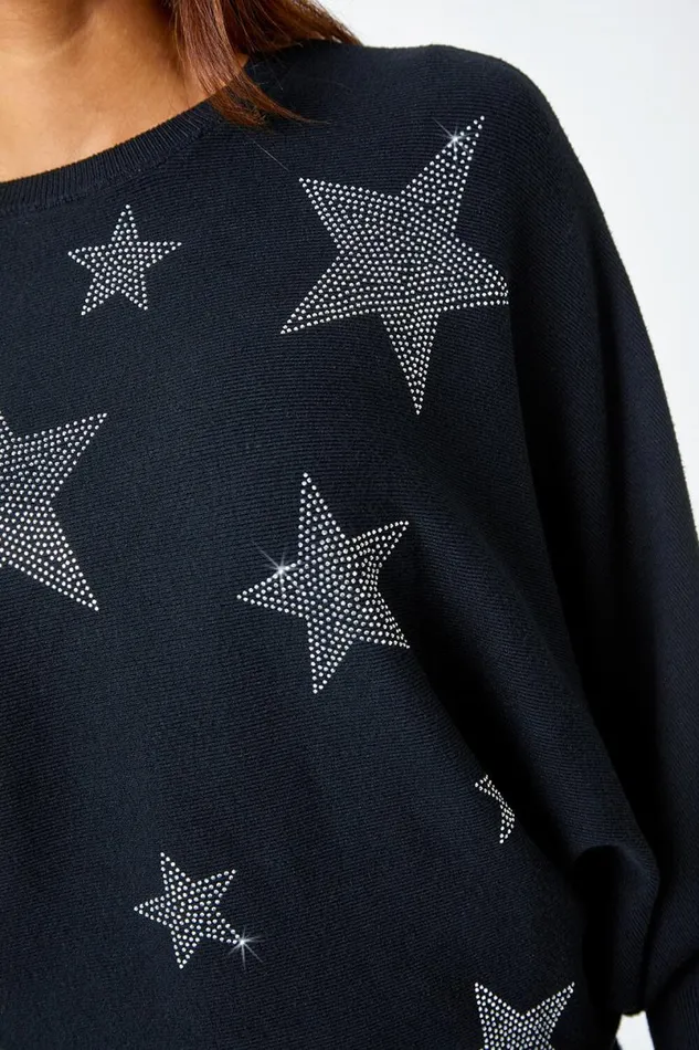 Black Embellished Star Print Jumper Women Roman Knitwear