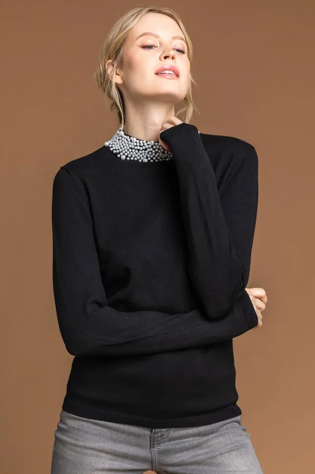 Black Faux Pearl Embellished High Neck Jumper Women Roman Knitwear