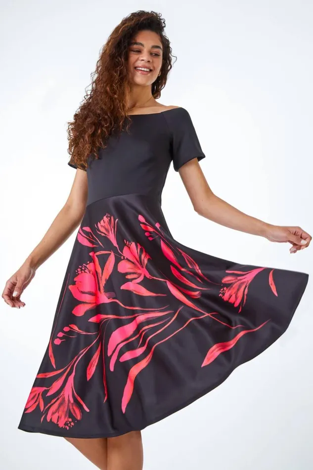 Black Floral Fit and Flare Bardot Dress Women Roman Dresses