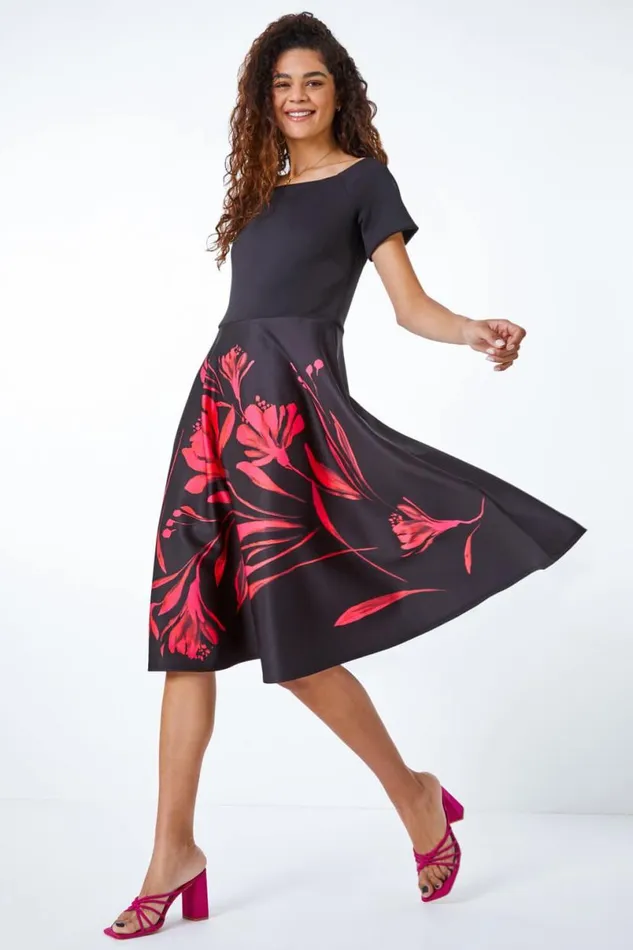 Black Floral Fit and Flare Bardot Dress Women Roman Dresses