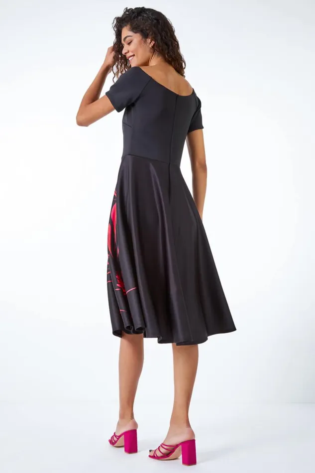 Black Floral Fit and Flare Bardot Dress Women Roman Dresses