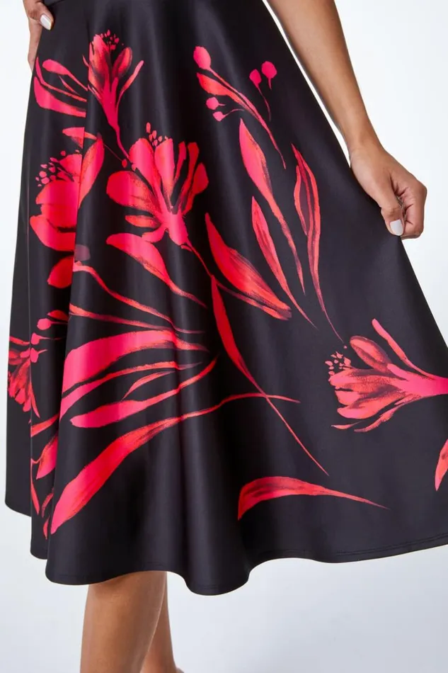 Black Floral Fit and Flare Bardot Dress Women Roman Dresses