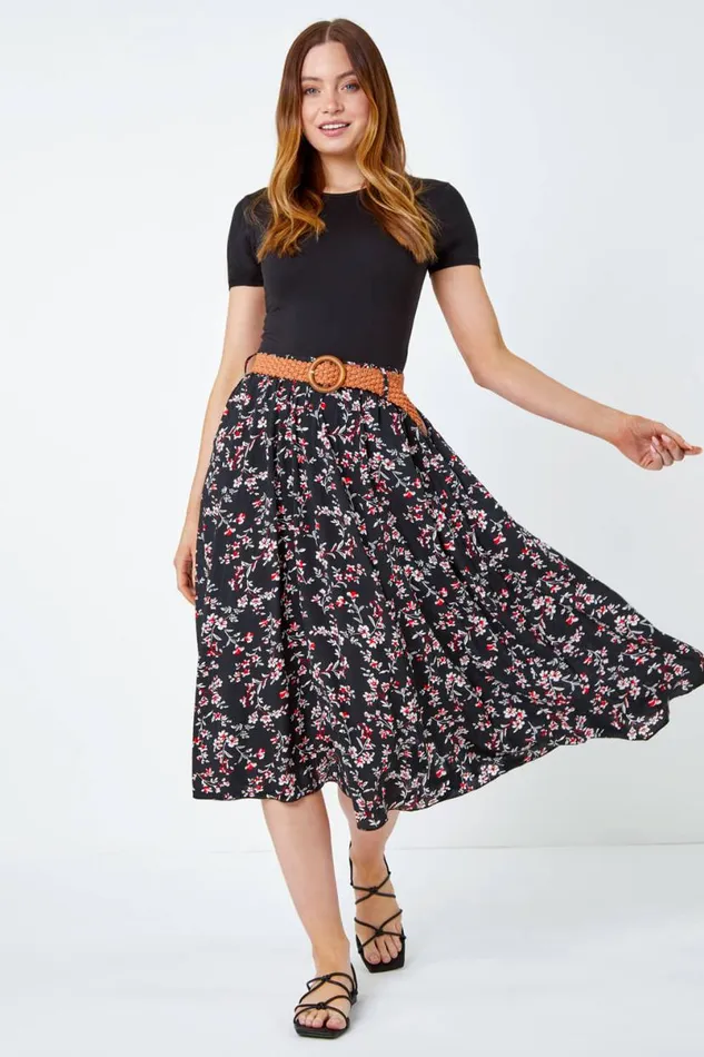 Black Floral Print Belted Midi Skirt Women Roman Skirts