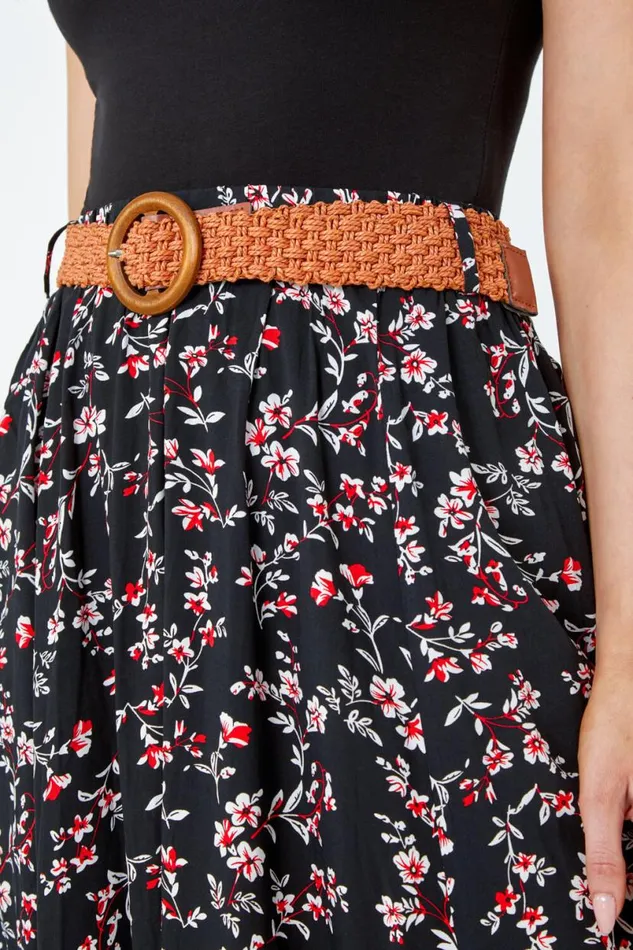 Black Floral Print Belted Midi Skirt Women Roman Skirts