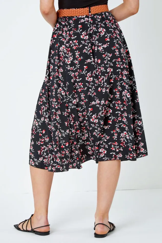 Black Floral Print Belted Midi Skirt Women Roman Skirts