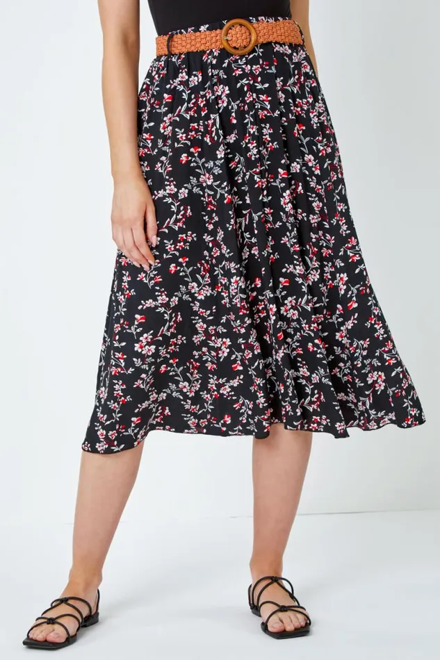 Black Floral Print Belted Midi Skirt Women Roman Skirts