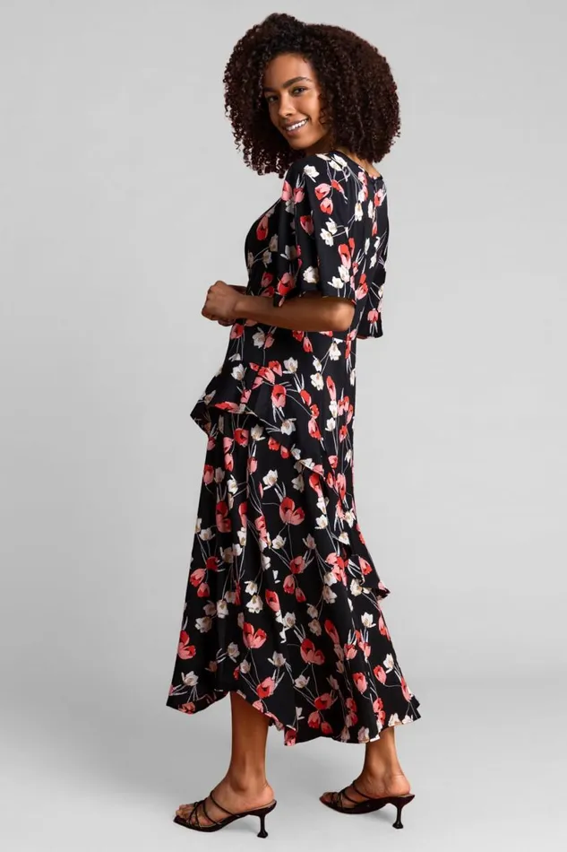 Black Floral Print Chiffon Midi Dress Women Roman Dresses