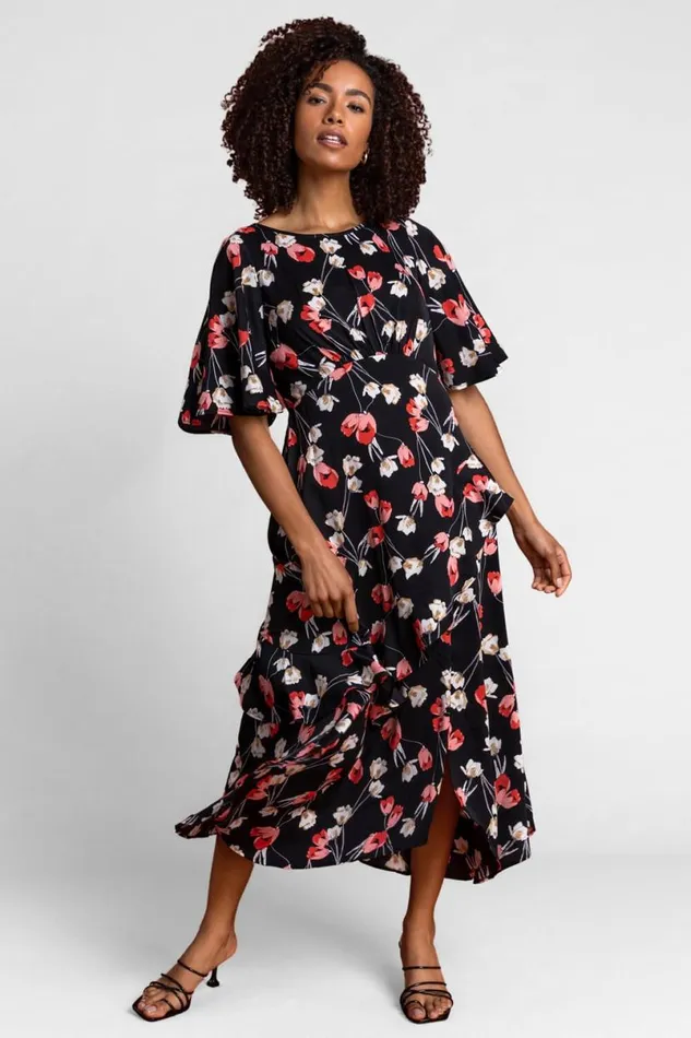 Black Floral Print Chiffon Midi Dress Women Roman Dresses