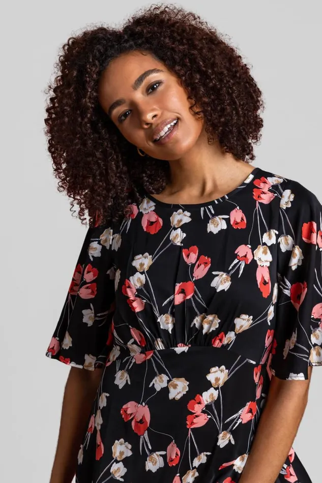 Black Floral Print Chiffon Midi Dress Women Roman Dresses