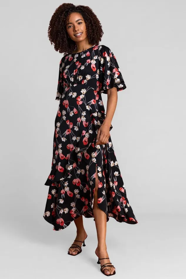 Black Floral Print Chiffon Midi Dress Women Roman Dresses