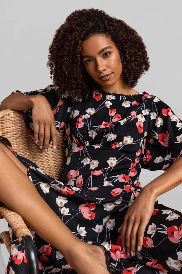Black Floral Print Chiffon Midi Dress Women Roman Dresses