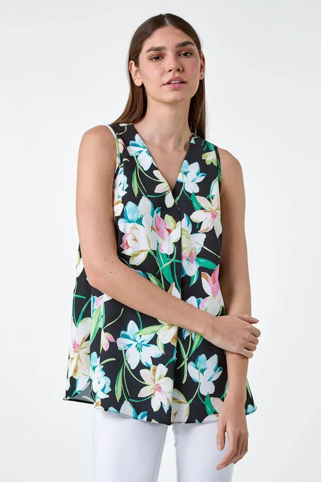 Black Floral Print Sleeveless Pleat Vest Top Women Roman Tops