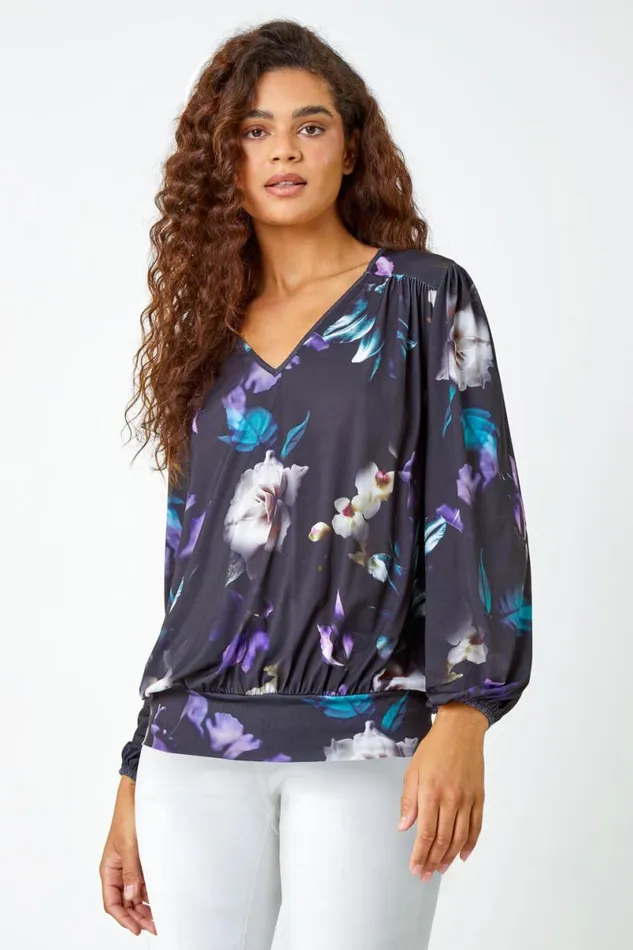 Black Floral Print VNeck Blouson Stretch Top Women Roman Tops