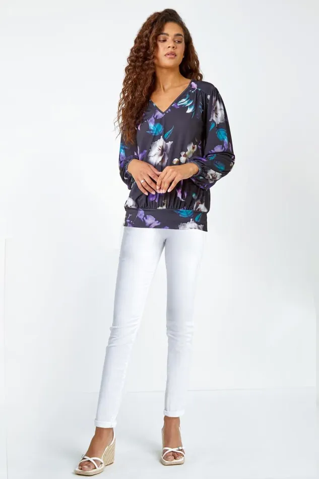 Black Floral Print VNeck Blouson Stretch Top Women Roman Tops