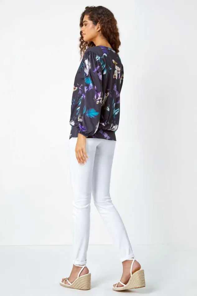 Black Floral Print VNeck Blouson Stretch Top Women Roman Tops