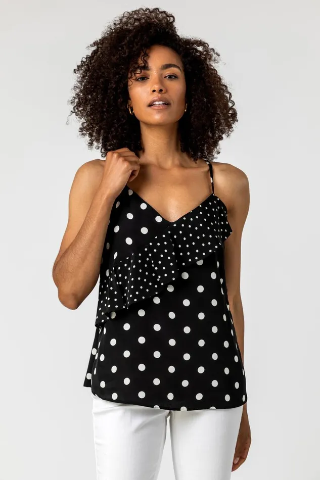 Black Frill Detail Spot Print Cami Top Women Roman Tops