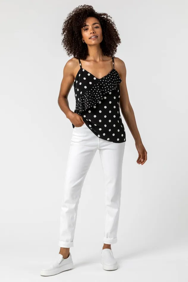 Black Frill Detail Spot Print Cami Top Women Roman Tops