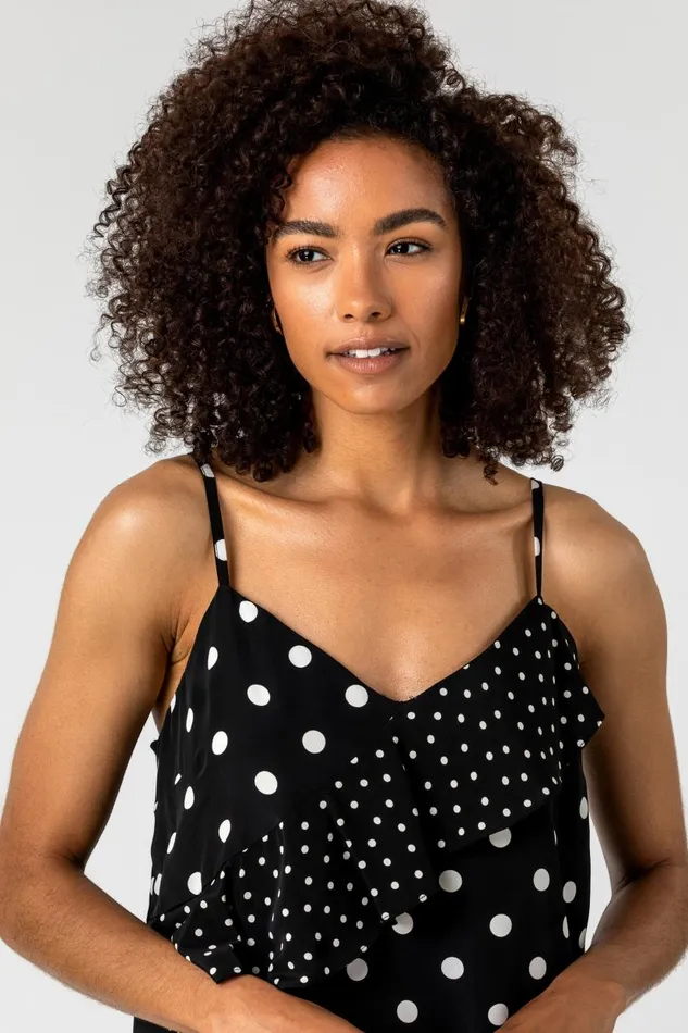 Black Frill Detail Spot Print Cami Top Women Roman Tops