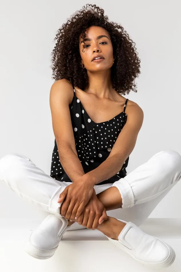Black Frill Detail Spot Print Cami Top Women Roman Tops