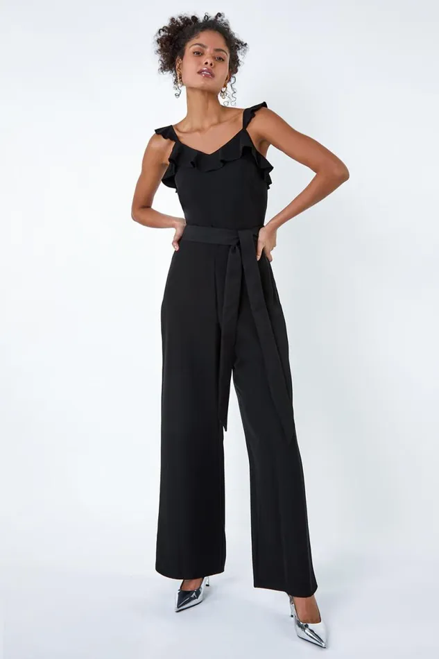 Black Frill Detail Wide Leg Jumpsuit Women Roman Dresses
