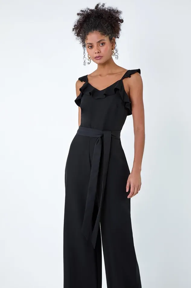 Black Frill Detail Wide Leg Jumpsuit Women Roman Dresses