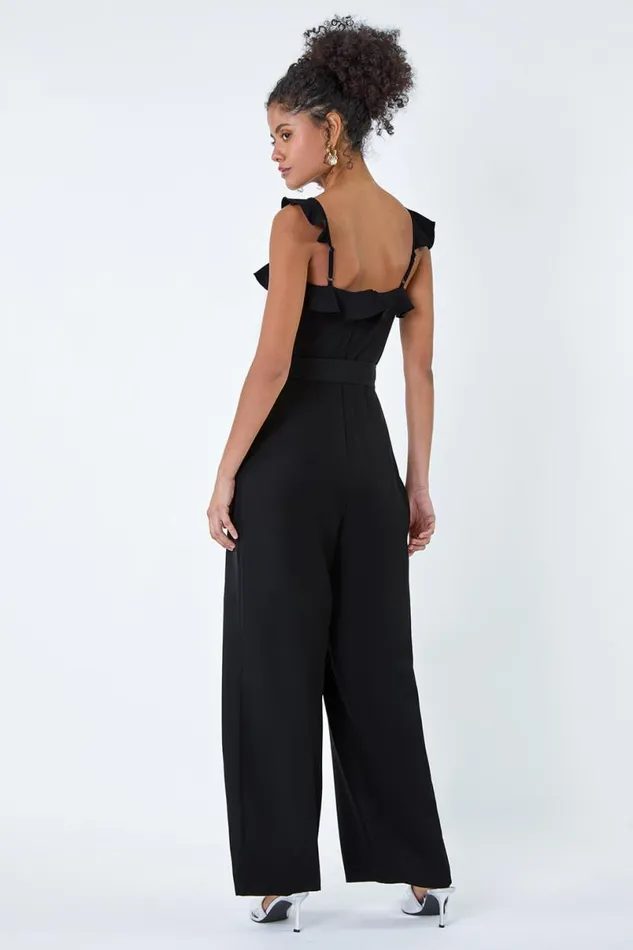 Black Frill Detail Wide Leg Jumpsuit Women Roman Dresses