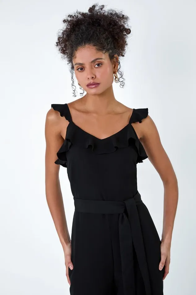 Black Frill Detail Wide Leg Jumpsuit Women Roman Dresses