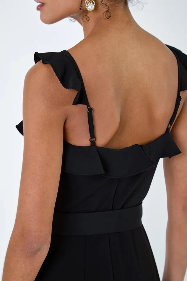 Black Frill Detail Wide Leg Jumpsuit Women Roman Dresses