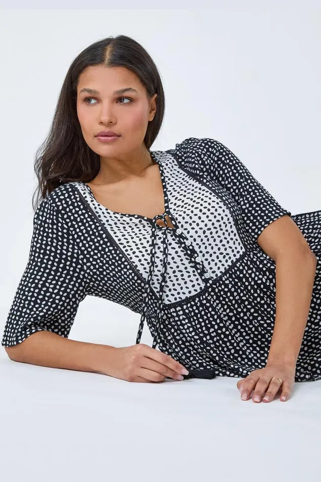 Black Geometric Print Tassel Tie Smock Top Women Roman Tops