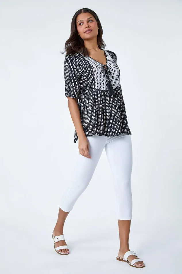 Black Geometric Print Tassel Tie Smock Top Women Roman Tops