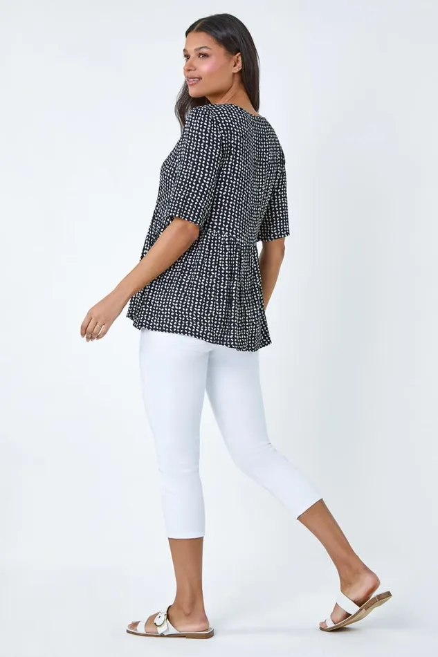Black Geometric Print Tassel Tie Smock Top Women Roman Tops