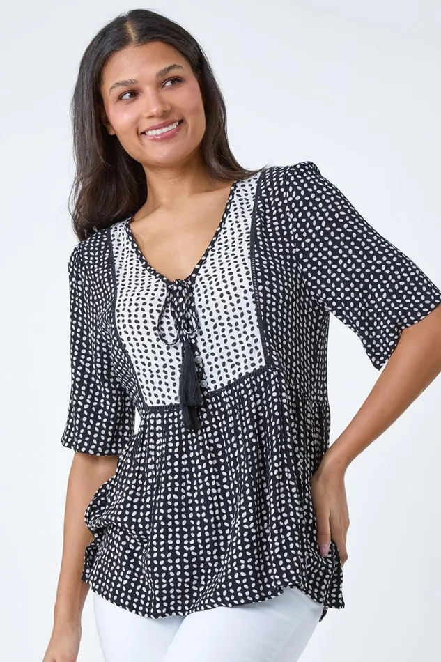 Black Geometric Print Tassel Tie Smock Top Women Roman Tops