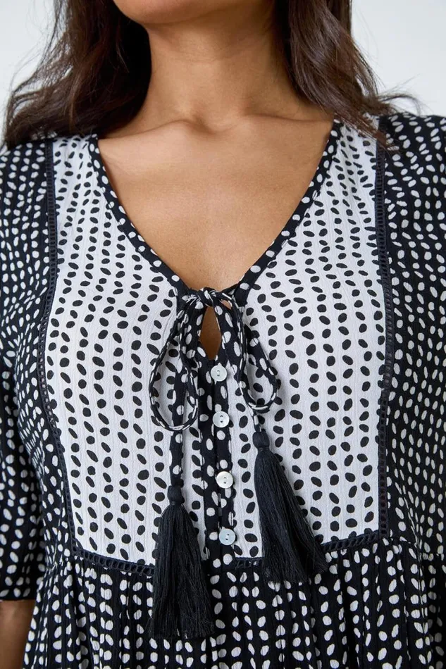 Black Geometric Print Tassel Tie Smock Top Women Roman Tops