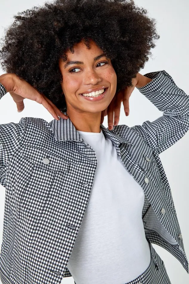 Black Gingham Stretch Pocket Detail Jacket Women Roman Jackets